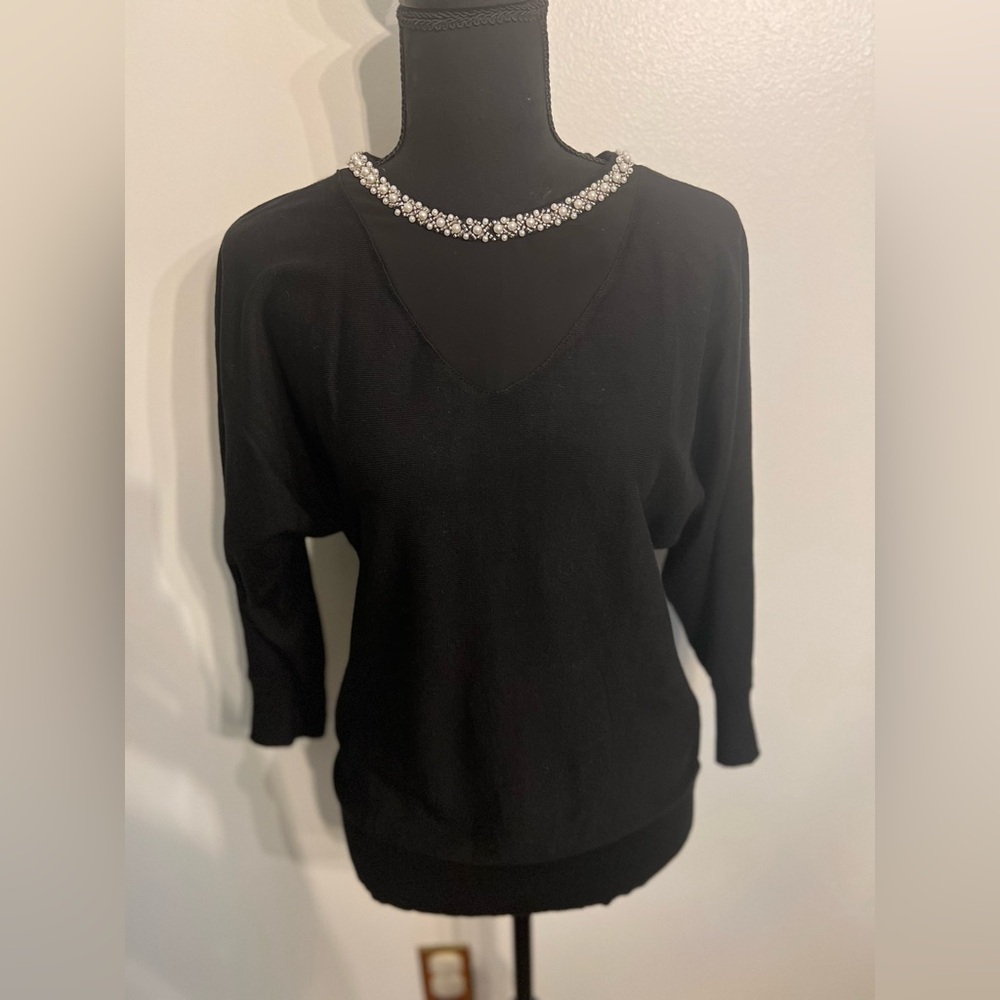 Women’s size medium Black beaded pearl neckline sweater by cable & gauge
